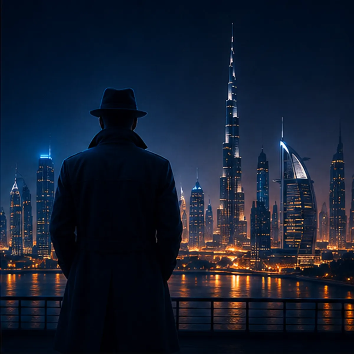 Silhouette of an agent overlooking the Dubai skyline at night